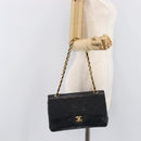 CHANEL Matelasse 25 Double Flap Chain Bag Lamb Skin Black Gold CC Auth 214105SAM-30