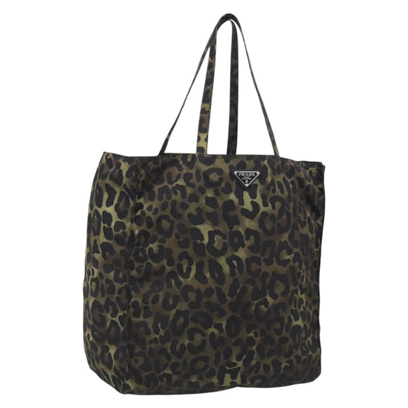 PRADA Leopard Tote Bag Nylon Khaki Silver Auth 214107V