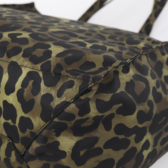 PRADA Leopard Tote Bag Nylon Khaki Silver Auth 214107V