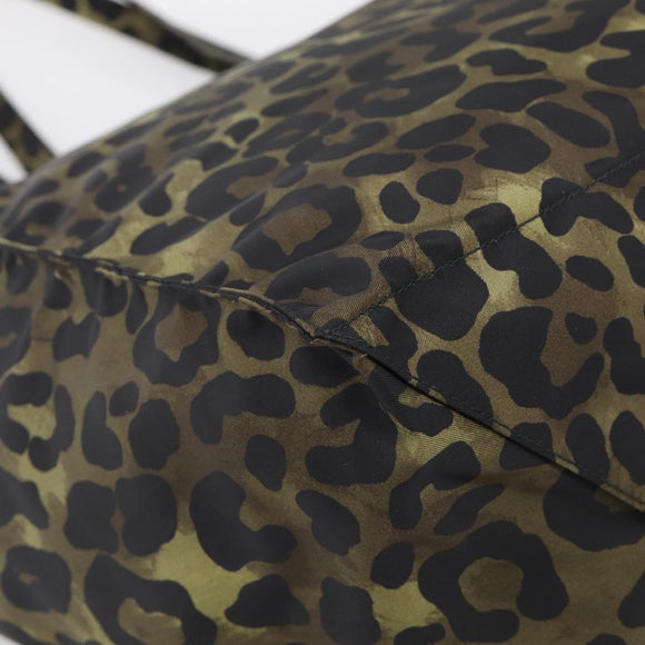 PRADA Leopard Tote Bag Nylon Khaki Silver Auth 214107V