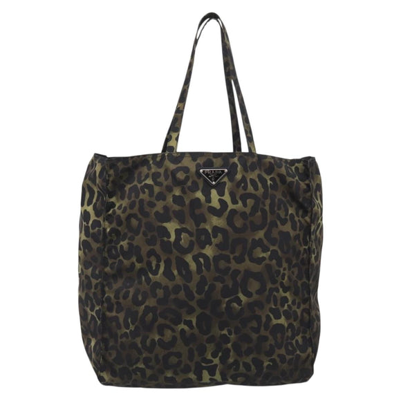 PRADA Leopard Tote Bag Nylon Khaki Silver Auth 214107V