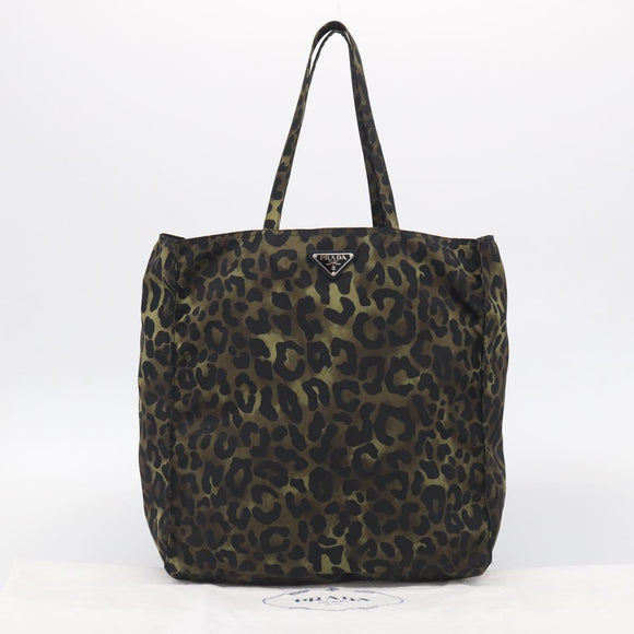 PRADA Leopard Tote Bag Nylon Khaki Silver Auth 214107V