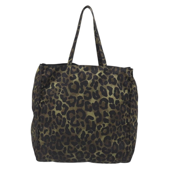 PRADA Leopard Tote Bag Nylon Khaki Silver Auth 214107V