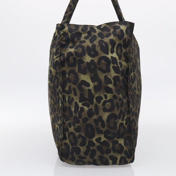 PRADA Leopard Tote Bag Nylon Khaki Silver Auth 214107V