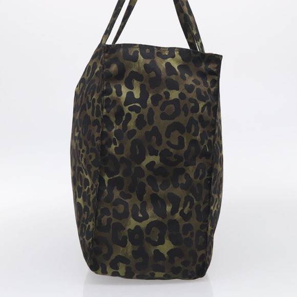 PRADA Leopard Tote Bag Nylon Khaki Silver Auth 214107V