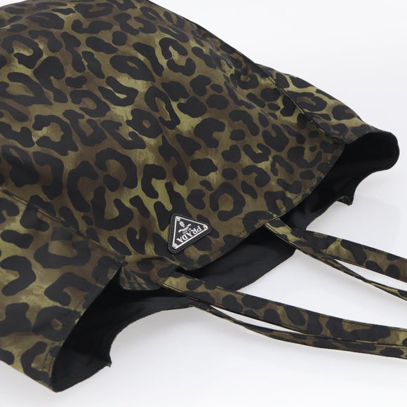 PRADA Leopard Tote Bag Nylon Khaki Silver Auth 214107V
