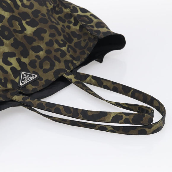 PRADA Leopard Tote Bag Nylon Khaki Silver Auth 214107V