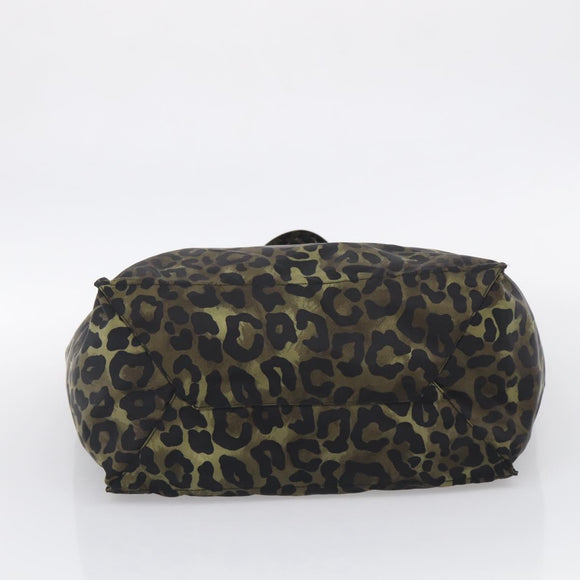 PRADA Leopard Tote Bag Nylon Khaki Silver Auth 214107V