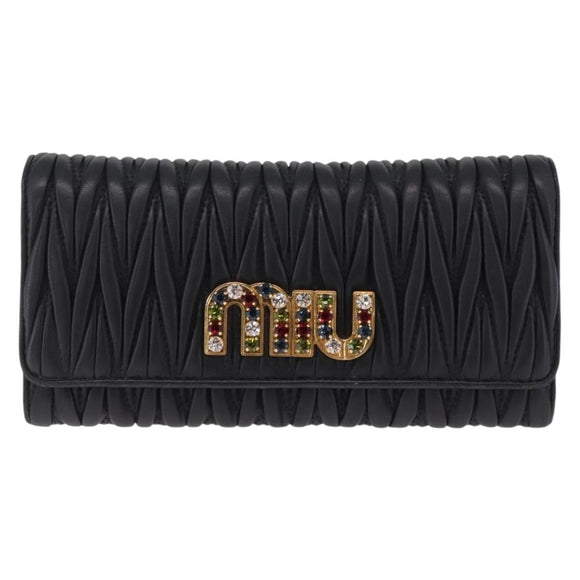 Miu Miu Matelasse Long Wallet Leather Black Gold Auth 214151A