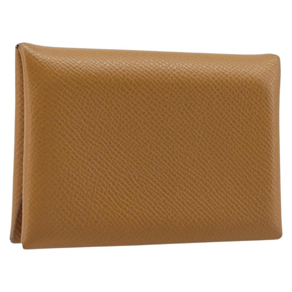 HERMES Calvi Duo Coin Purse Leather Beige Auth 214205M