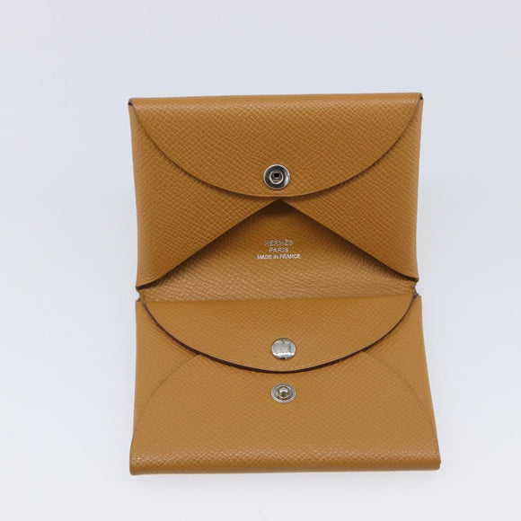 HERMES Calvi Duo Coin Purse Leather Beige Auth 214205M