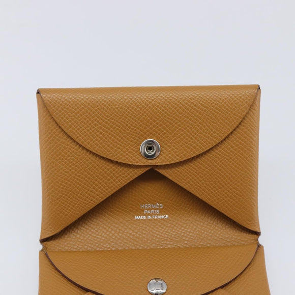 HERMES Calvi Duo Coin Purse Leather Beige Auth 214205M