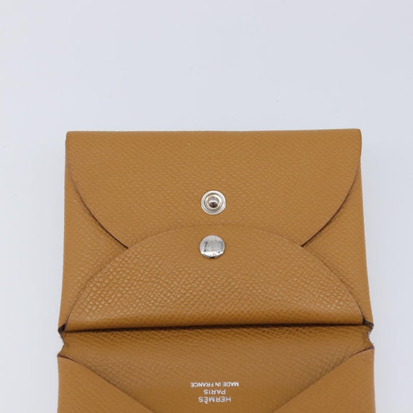 HERMES Calvi Duo Coin Purse Leather Beige Auth 214205M