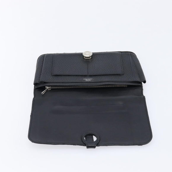 HERMES Dogon GM Long Wallet Leather Black Silver Auth 214209