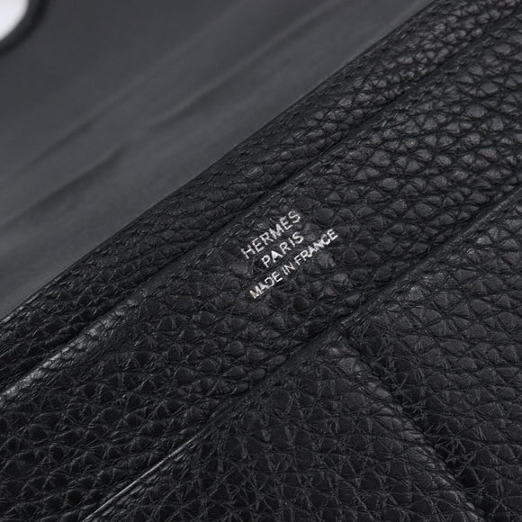 HERMES Dogon GM Long Wallet Leather Black Silver Auth 214209