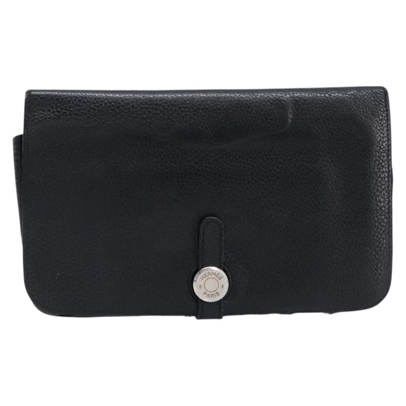 HERMES Dogon GM Long Wallet Leather Black Silver Auth 214209