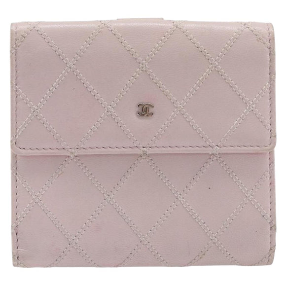 CHANEL Bicolore Wallet Lamb Skin Pink Silver CC Auth 214215