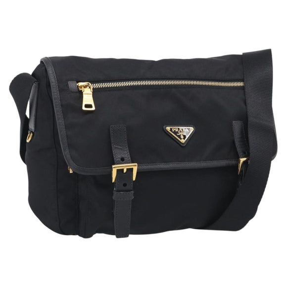 PRADA Shoulder Bag Nylon Black Gold Auth 214225A