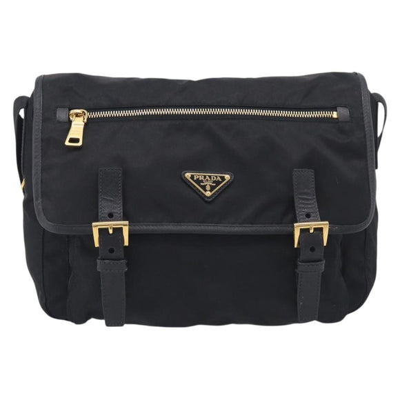 PRADA Shoulder Bag Nylon Black Gold Auth 214225A