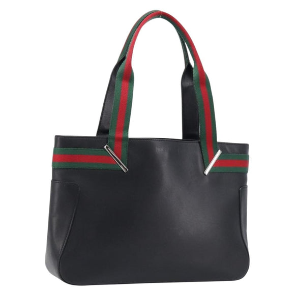 GUCCI Web Sherry Line Tote Bag Leather Black Silver 73983 Auth 214236A