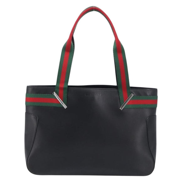 GUCCI Web Sherry Line Tote Bag Leather Black Silver 73983 Auth 214236A
