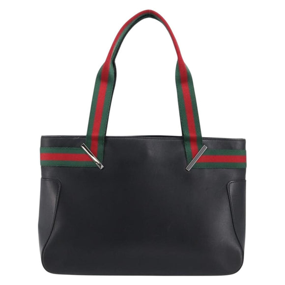GUCCI Web Sherry Line Tote Bag Leather Black Silver 73983 Auth 214236A