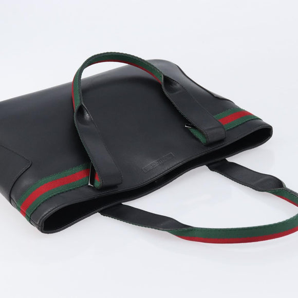 GUCCI Web Sherry Line Tote Bag Leather Black Silver 73983 Auth 214236A