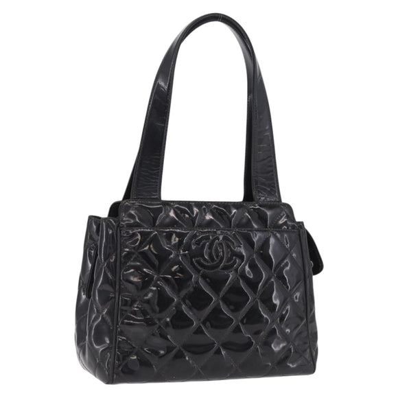 CHANEL Matelasse Tote Bag Patent leather Black Silver CC Auth 214239