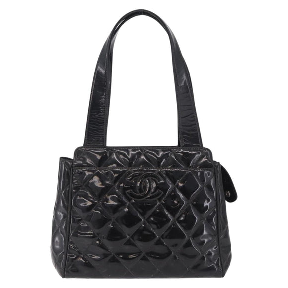 CHANEL Matelasse Tote Bag Patent leather Black Silver CC Auth 214239