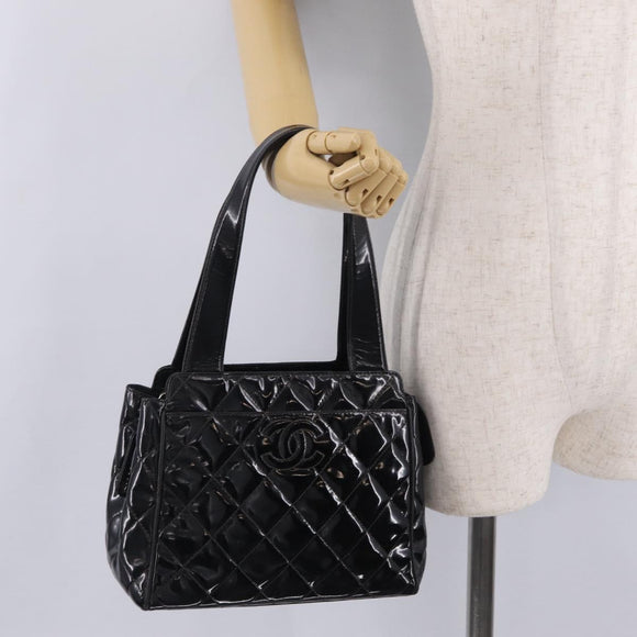 CHANEL Matelasse Tote Bag Patent leather Black Silver CC Auth 214239