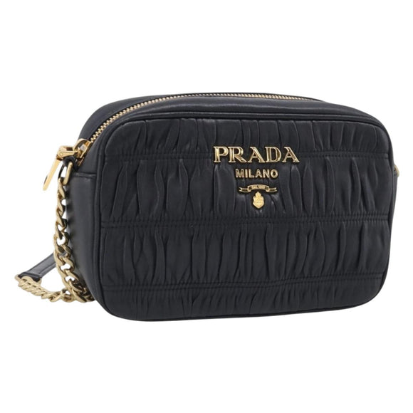 PRADA Gathered Chain Shoulder Bag Leather Black Gold Auth 214245V