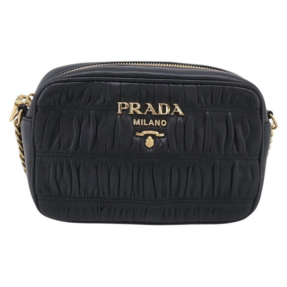 PRADA Gathered Chain Shoulder Bag Leather Black Gold Auth 214245V