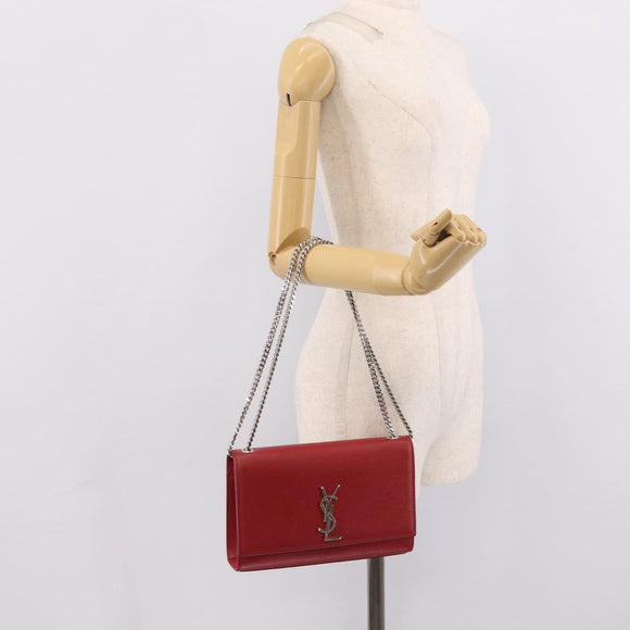 Saint Laurent Kate Chain Shoulder Bag Leather Red Silver Auth 214315V