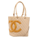 CHANEL Cambon Line Tote Bag Leather Beige CC Auth 214408V-1