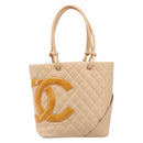 CHANEL Cambon Line Tote Bag Leather Beige CC Auth 214408V-2