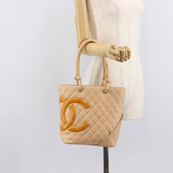 CHANEL Cambon Line Tote Bag Leather Beige CC Auth 214408V