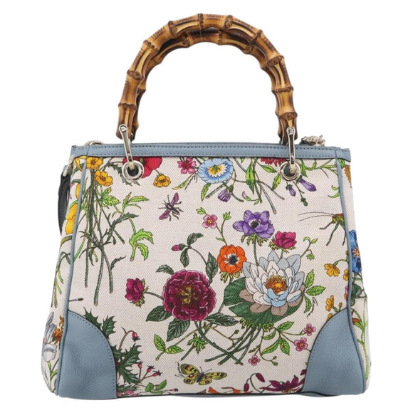 GUCCI Bamboo Hand Bag Canvas 2way Light Blue Gold 336032 Auth 214417V