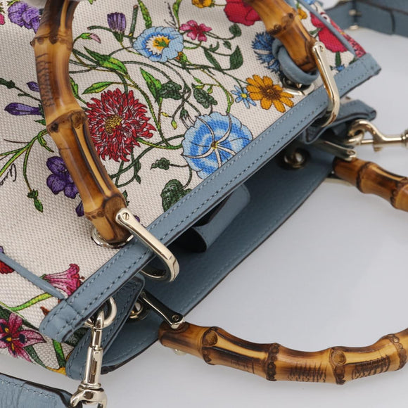 GUCCI Bamboo Hand Bag Canvas 2way Light Blue Gold 336032 Auth 214417V