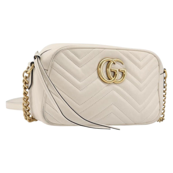 GUCCI GG Marmont Chain Shoulder Bag Leather White Gold 447632 Auth 214419A
