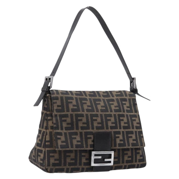 FENDI Zucca Canvas Mamma Baguette Shoulder Bag Brown Silver Auth 214438V