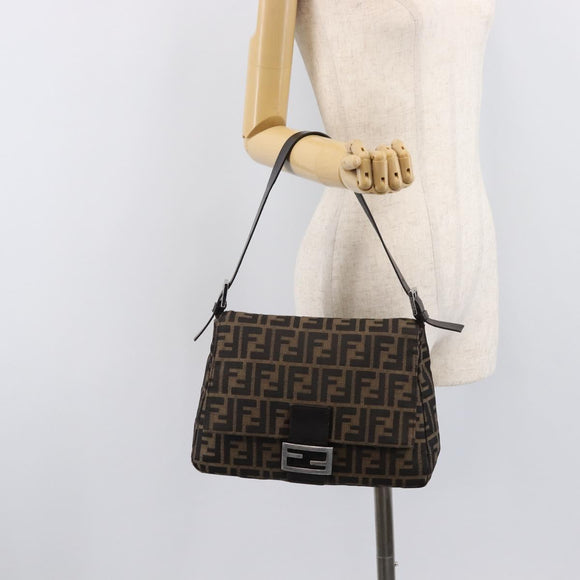 FENDI Zucca Canvas Mamma Baguette Shoulder Bag Brown Silver Auth 214438V