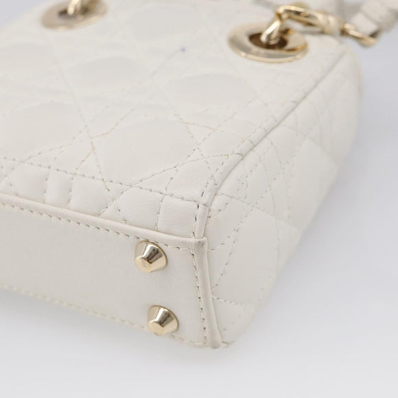 Christian Dior Lady Dior Canage Hand Bag Lamb Skin 2way White Gold Auth 214442M