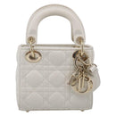Christian Dior Lady Dior Canage Hand Bag Lamb Skin 2way White Gold Auth 214442M-2