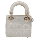 Christian Dior Lady Dior Canage Hand Bag Lamb Skin 2way White Gold Auth 214442M-3
