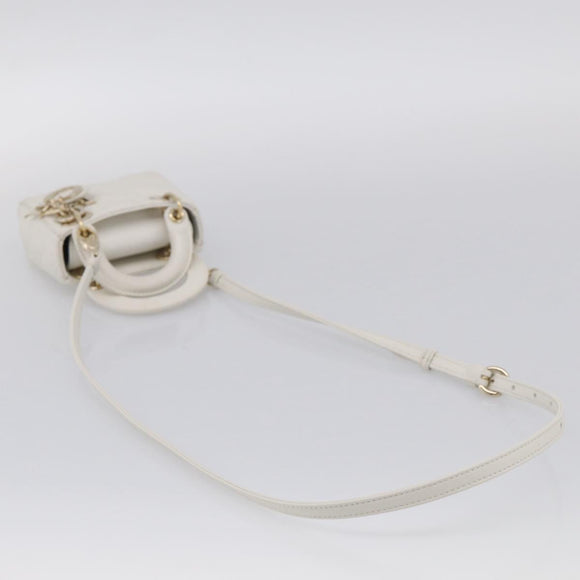 Christian Dior Lady Dior Canage Hand Bag Lamb Skin 2way White Gold Auth 214442M
