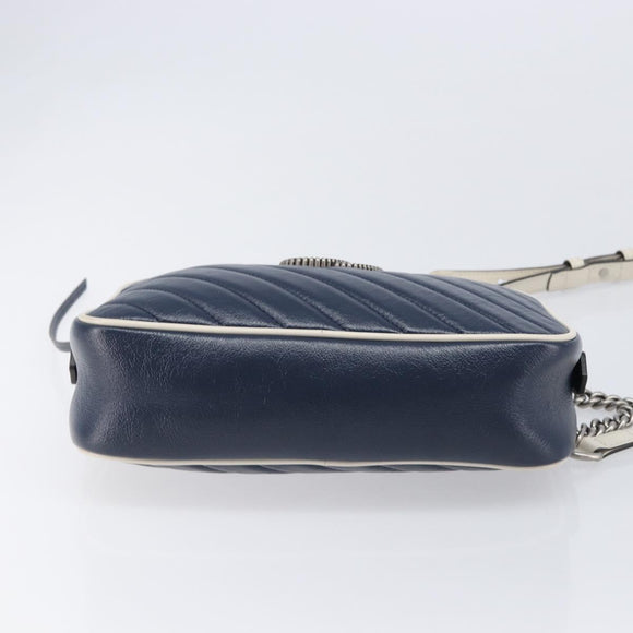 GUCCI GG Marmont Shoulder Bag Leather Navy Silver 447632 Auth 214480V
