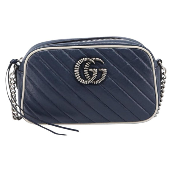 GUCCI GG Marmont Shoulder Bag Leather Navy Silver 447632 Auth 214480V