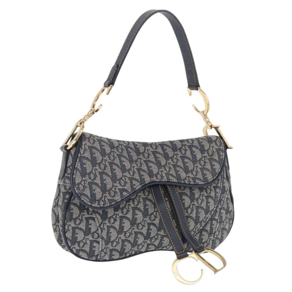 Christian Dior Trotter Canvas Double Saddle Bag Navy Gold Auth 214483M