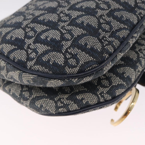 Christian Dior Trotter Canvas Double Saddle Bag Navy Gold Auth 214483M