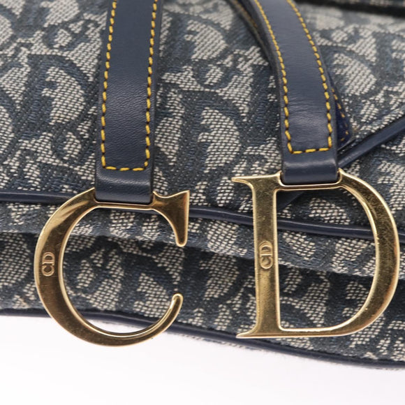 Christian Dior Trotter Canvas Double Saddle Bag Navy Gold Auth 214483M